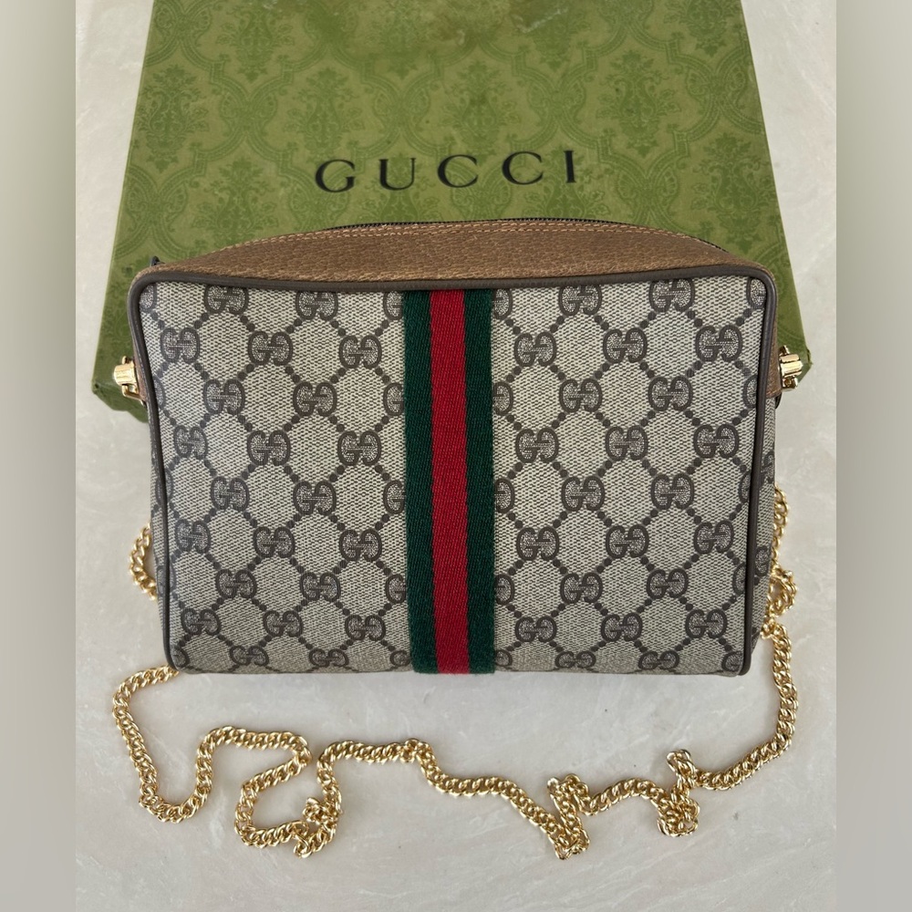 Gucci Beige and Brown Crossbody Bag with Red and Green Stripe